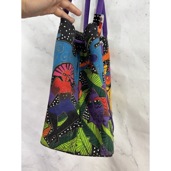 Vtg 90s LAUREL BURCH Tote Bag Drawstring Bucket Canvas Cat Retro Folk Art Artist - Picture 14 of 16